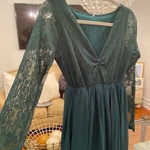 Forest Green Lace Bishop Sleeve Maxi Gown